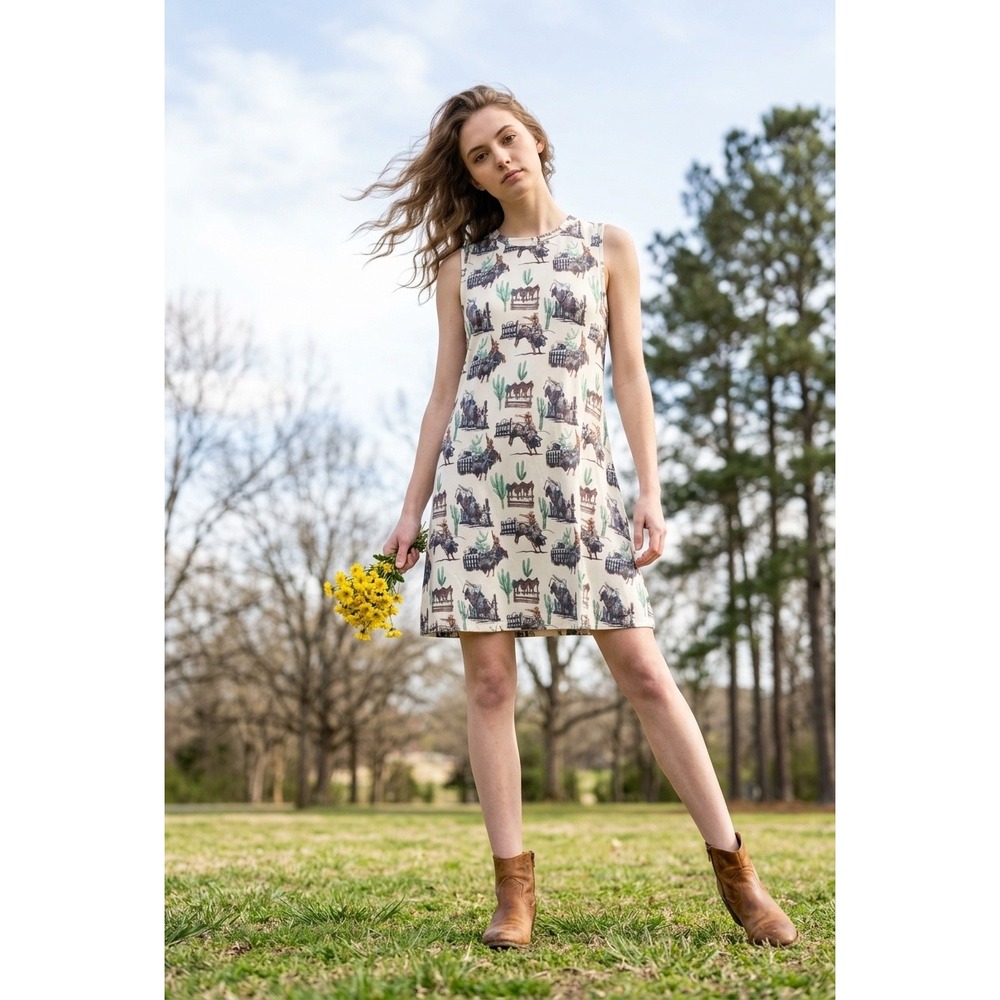 Lucky & Blessed Womens Western Rodeo Print Sleeveless jersey  Dress Cream Large